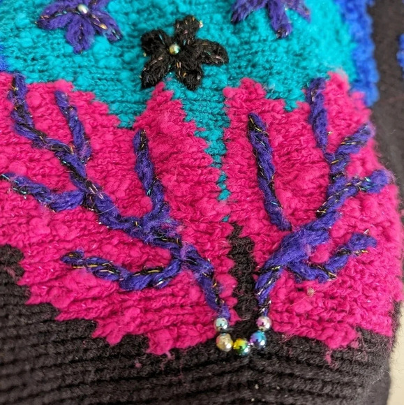 Vintage Acrylic Knit Sweater- Distinctly Different- Embellished Unique Teal Pink - Picture 5 of 12